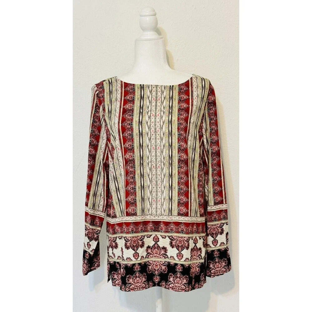 J Jill Size M Long Sleeve Blouse Patchwork Boho Paisley Festival Cottagecore